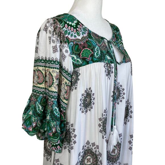 Umgee Sz M Boho Shift Mini Dress Bell Sleeves Tassel Tie Green Paisley Print - Picture 10 of 16